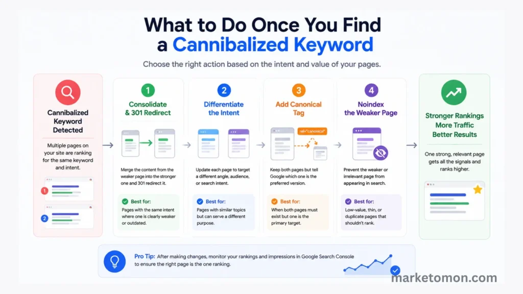 Infographic showing how to fix keyword cannibalization